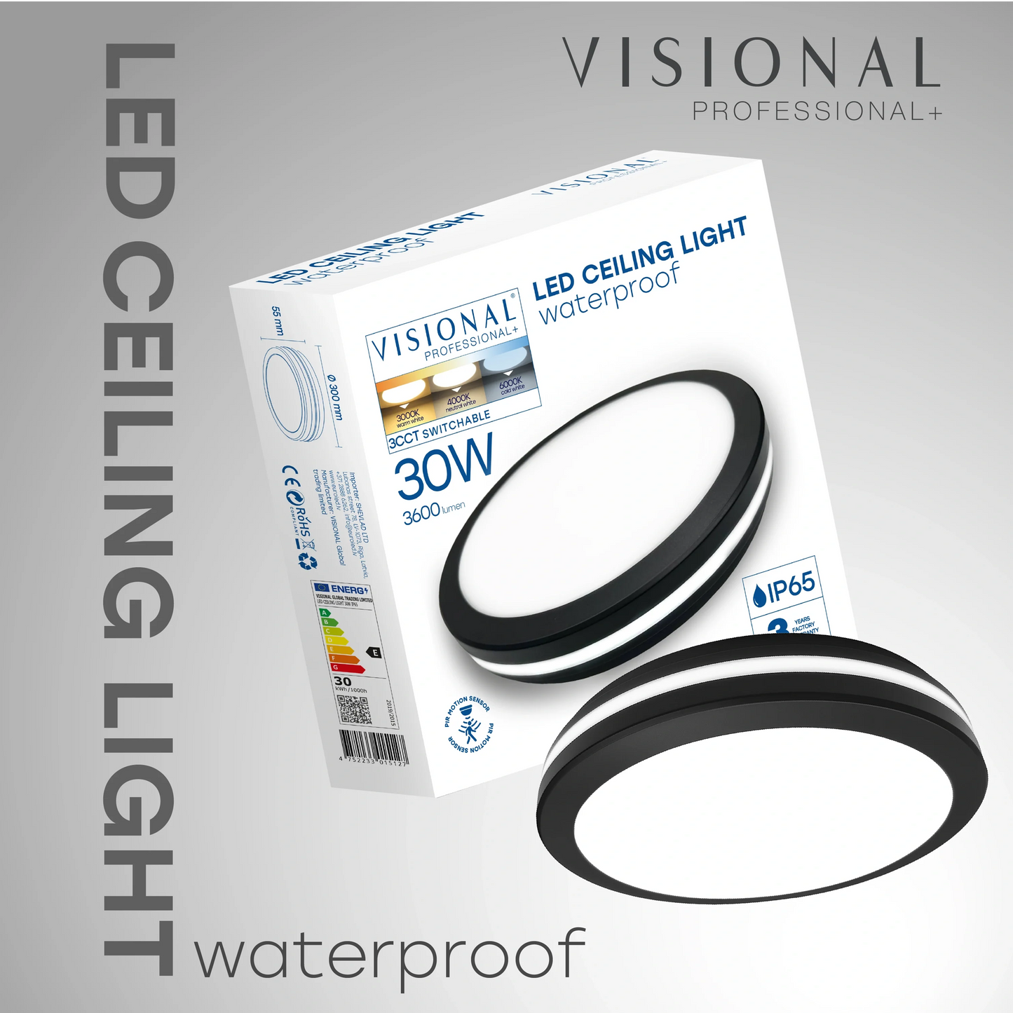 LED Vesitiivis valaisin PIR-liiketunnistimella 30W, 3CCT, 3600Lm, IP65, Ø 300 x 55 mm