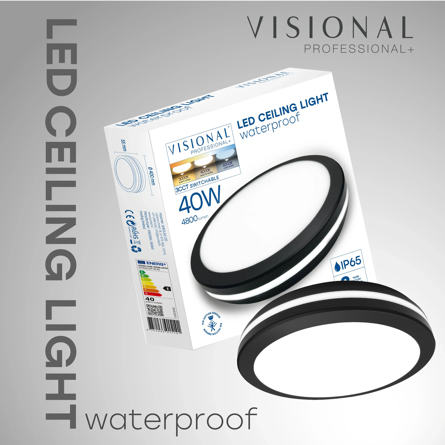 LED Vesitiivis valaisin PIR-liiketunnistimella 40W, 3CCT, 4800Lm, IP65, Ø 400 x 55 mm