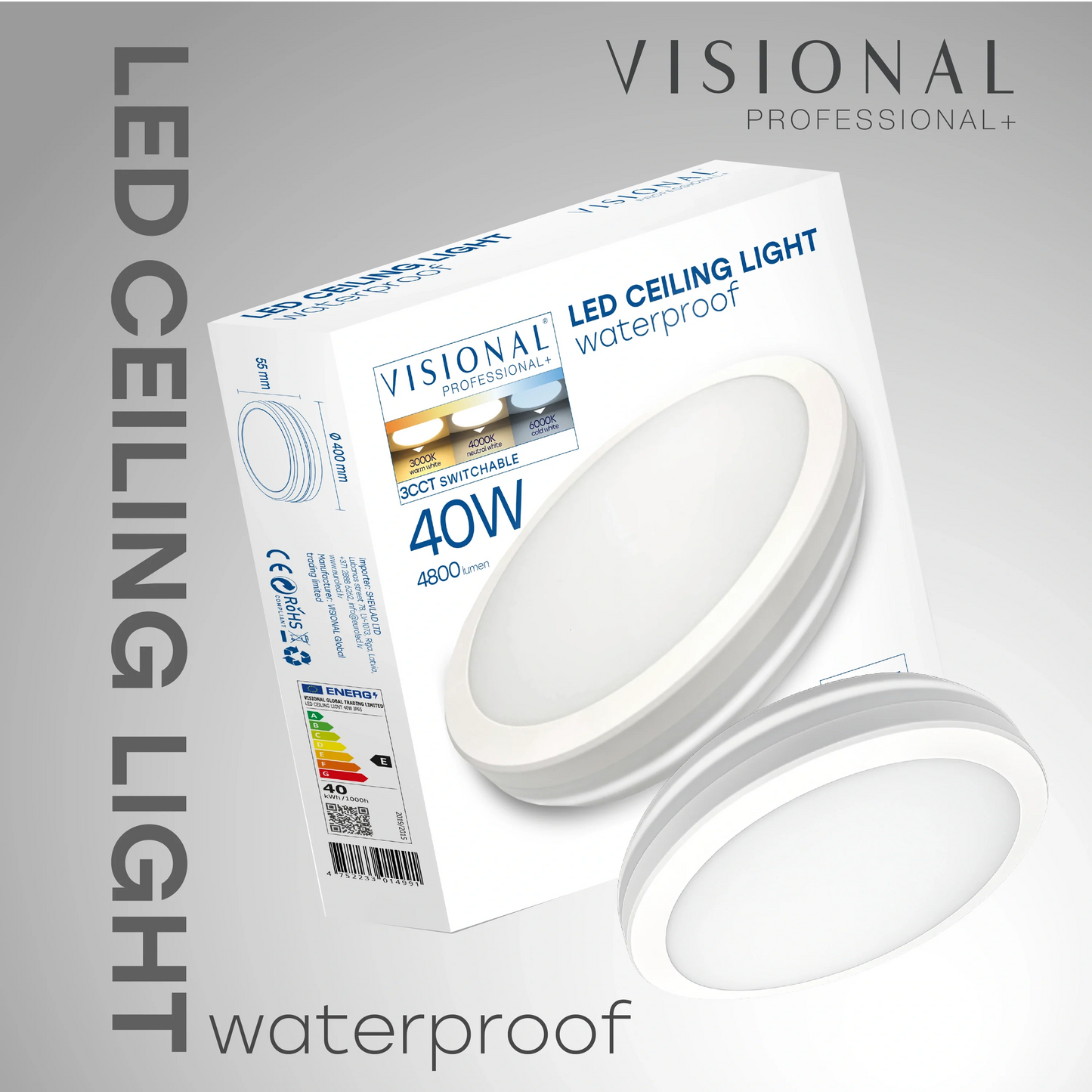 LED Vesitiivis valaisin 40W, 3CCT, 4800Lm, IP65, Ø 400 x 55 mm