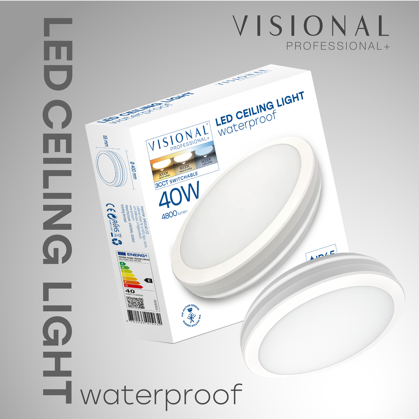 LED Vesitiivis valaisin PIR-liiketunnistimella 40W, 3CCT, 4800Lm, IP65, Ø 400 x 55 mm