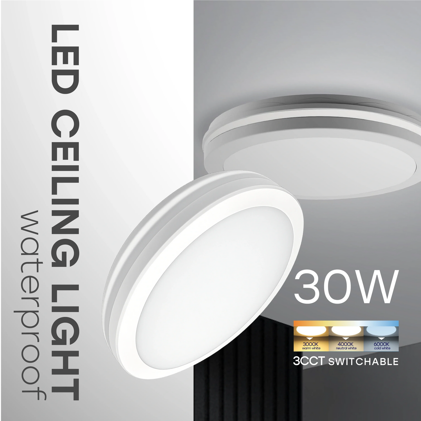 LED Vesitiivis valaisin 30W, 3CCT, 3600Lm, IP65, Ø 300 x 55 mm